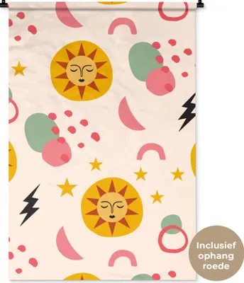 Produktbild von MuchoWow® Wandteppich Wandbehang Sonne - Mond - Sterne - Muster 90x135 cm Tapisserie Dekoration Wandtuch - Baumwolle - Wandskulptur