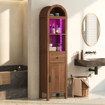 Immagine prodotto di Mobile bagno ad angolo, sagomato, con illuminazione a LED, porta reversibile, cassetto, chiusura magnetica, mobile autoportante, dimensioni 40x30x163 cm, colore noce