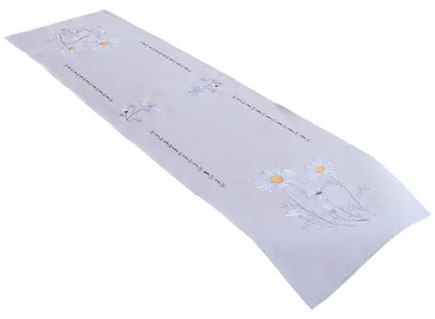 Produktbild von Tischläufer Blüten Margeriten bunt bestickt 40x140 cm hellgrau