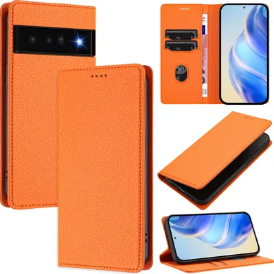 Produktbild von Litchi Leder Handyhülle für Google Pixel 6 Pro Wallet Kartenfächer Standfunktion Hülle Orange