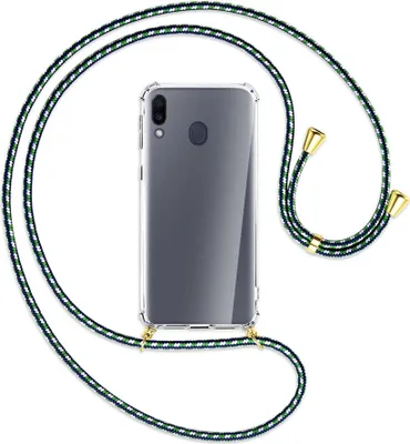 Produktbild von Handykette Backcover-Schutzhülle mit Band (Metall goldfarben) für Samsung Galaxy M20 - grün/blau/weiß