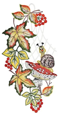 Produktbild von Fensterbild "Schnecke mit Fliegenpilz" farbig, 15 x 30 cm, Original Plauener Spitze