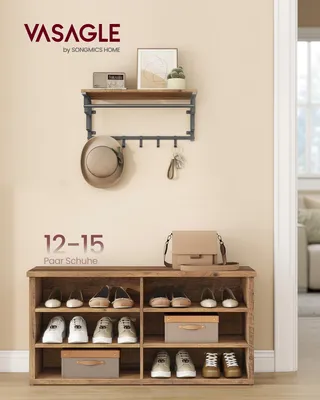A hallway or entryway scene featuring a shoe bench with shoes and storage boxes, and a wall shelf with a hat and keys.