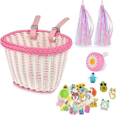 Image de Panier de vélo pour enfant avec structure en rotin et lanières en cuir