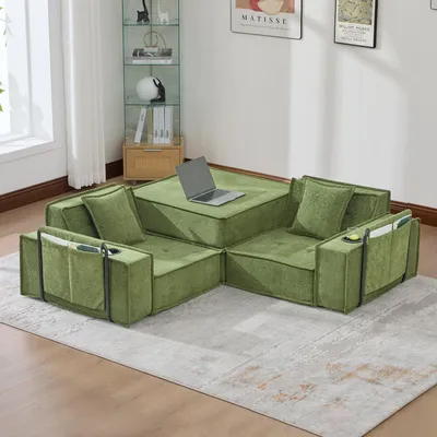 Obrázek produktu pro MODFU moderní modulární rozkládací postel s držáky na nápoje a boční kapsou dvoumístné sofa lounge sofa se 2 polštáři a područkami zelená