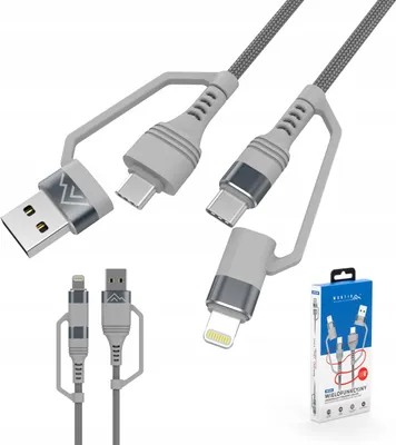 Zdjęcie produktu dla Kabel Przewód Mocny Szybki 4W1 Usb-A Usb-C Lightning Szybkie Ładowanie 65W