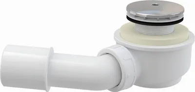 A white shower drain with a chrome cap and a flexible pipe attachment, isolated on a white background.