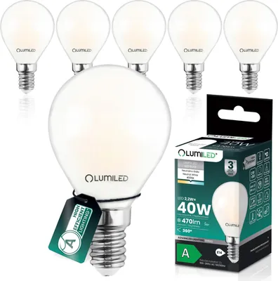 Obrázek produktu pro LUMILED LED sada 6 žárovek golfový míček P45 E14 Ultraúčinná energetická třída A 2,2W 470lm Náhrada 40W 4000K Neutrální bílá Vlákno matné sklo Tvar kapky 360° úhel vyzařování Nestmívatelné 6 kusů