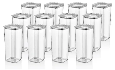 Produktbild von 12 Stück XXL Vorratsdosen für die Speisekammer - 2L extra hohe luftdichte Lebensmittelbehälter mit Vakuumdeckel für Spaghetti und Schüttgüter - 29 cm Crystal Mica