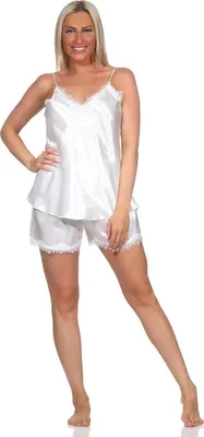Produktbild von Damen Nachtwäsche Satin Pyjama Set Shorty mit Spitze; Weiß/L
