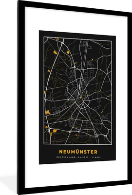 Produktbild von MuchoWow® Gerahmtes Poster Deutschland - Schwarz und Gold - Neumünster - Stadtplan - Karte 60x90 cm - Poster mit Schwarzem Bilderrahmen Wandposter Rahmen Foto Bilder - Dekoration - Wandposter Wohnzimmer - Hochwertig
