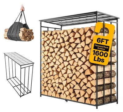Produktbild von Kaminholzregal - Brennholzregal - Für Kamin, Terrasse und Balkon - 185,5 x 71,5 x 185 cm - Schwarz pulverbeschichteter Kohlenstoffstahl - Tragfähigkeit 730 kg - Fassungsvermögen 1.962 l