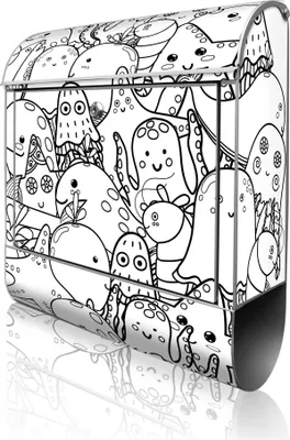 Produktbild von banjado Design Briefkasten Stahl silber mit Zeitungsfach pulverbeschichtet "Wassermonsterchen 2" 38x46x12,5cm & 2 Schlüssel - Postkasten A4 Einwurf inkl. Montagematerial [BK 13049]