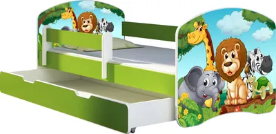 A children's bunk bed with a pull-out trundle, decorated with cartoon jungle animals.
