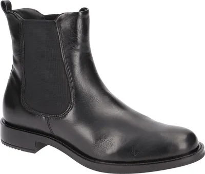 A single black leather Chelsea boot is shown from the side against a white background.