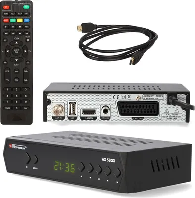 A collection of electronic devices for satellite television reception, including a remote control, a digital receiver box, and a cable.