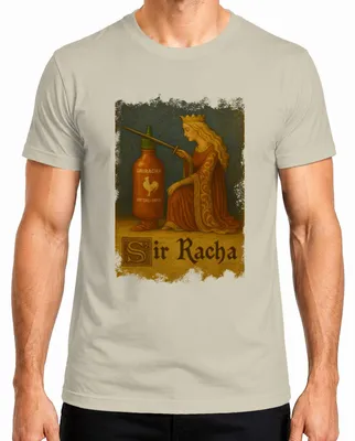 Imagen del producto de Camiseta para hombre con diseño de "Sir Racha Sriracha Ritter", estilo medieval, con motivos de chiles. Color: natural. Talla: 3XL