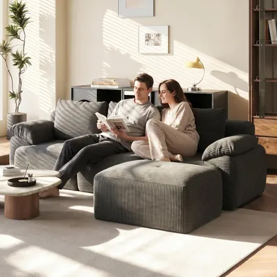 Imagen del producto de REMZETTA: Sofá modular de esquina con otomana, 264 cm de ancho, sofá tapizado en tela de color gris oscuro, ideal para el salón. Ofrece una configuración flexible con cojines suaves y no requiere montaje