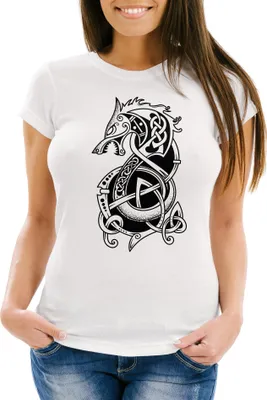 Produktbild von Damen T-Shirt Wolf Fenrir Fabelwesen Wikinger nordische Mythologie Odin Fashion Streetstyle Neverless® weiß XXL