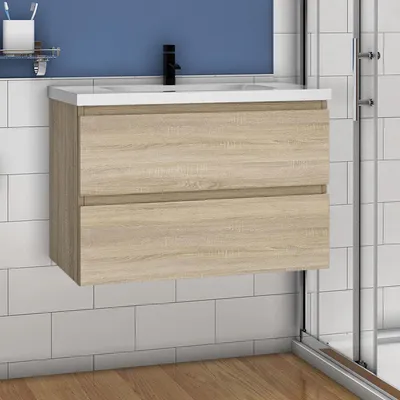 Produktbild von Waschtisch mit Unterschrank 80cm Alast Badmöbel Set Eiche Keramik Waschbecken mit Unterschrank MDF Softclose