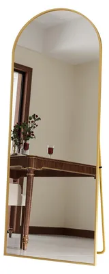 Obrázek produktu pro Zrcadlo ve tvaru oblouku, celotělové – stojací zrcadlo i nástěnné zrcadlo – 165x60 cm, bezpečnostní sklo – lze umístit samostatně nebo připevnit na zeď – hliníkový rám – zlatá barva