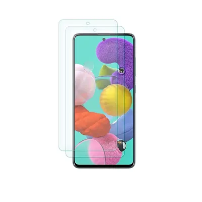 Two transparent screen protectors are shown in front of a smartphone displaying a colorful abstract wallpaper.