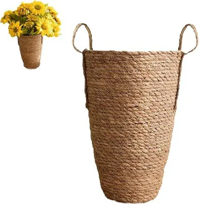Produktbild von Natürliche Rattan-Blumenkorb - Moderne große Pflanzenpot aus Rattan - Rattan-Innenpflanzenabdeckung - Elegante Rattan-Blumenkorb (Schwarz, 50 cm)
