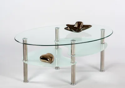 Produktbild von Couchtisch WAVE mit zwei Ablagen aus Klarglas, Sandglas und Edelstahl, 55 cm tief