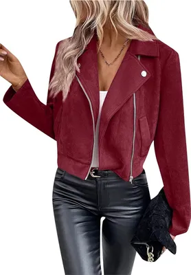 Obrázek produktu pro ASKSA Dámská bunda Faux Suede Biker Moto s dlouhým rukávem a zipem, krátký ležérní kabát, vínově červená, XXL