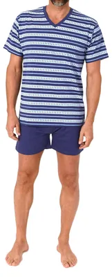 Produktbild von Normann Herren kurzarm Schlafanzug Shorty Pyjama in eleganter Streifenoptik und V-Hals ; blau , 54