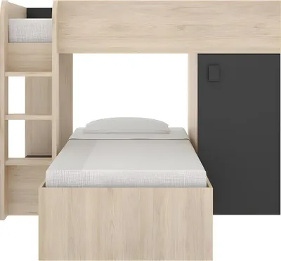 Produktbild von Eck-Etagenbett mit Kleiderschrank und Schubladen - 2 x 90 x 190 cm - Eingebauter Stauraum - Eiche und Anthrazit - RICARDO