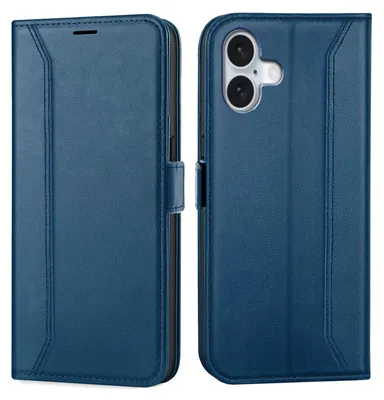 A blue flip case for a smartphone is shown from the front and back.
