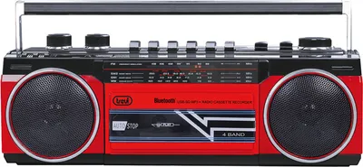 A red and black boombox with speakers and controls.
