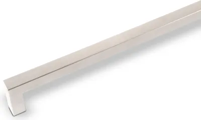 A single brushed silver cabinet handle is shown diagonally against a white background.