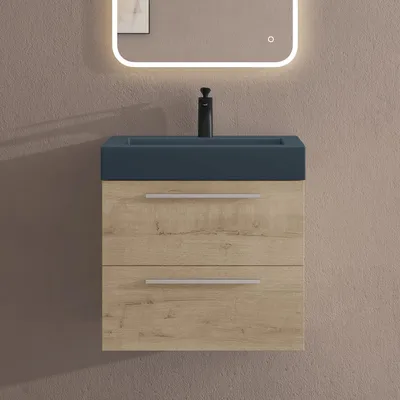 Image de doporro Meuble de Salle de Bains Chêne Claire Ensemble de 2 Pièces Meuble Suspendu avec Lavabo 60 cm Design Quadratto