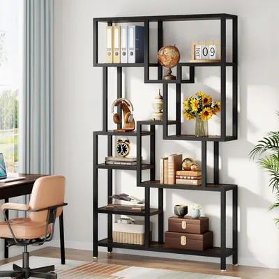 Image de Étagère industrielle à 7 niveaux, support de rangement en bois de 180 cm de hauteur avec structure métallique, idéale pour un bureau