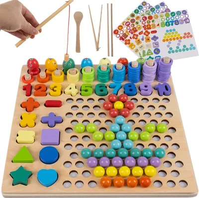 A wooden educational toy board with various components for learning numbers, shapes, and colors.