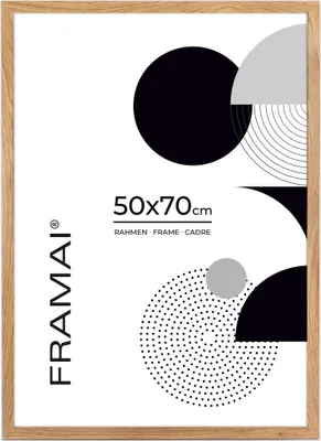 Obrázok produktu pre FRAMAI® obrazový rám 50x70 cm dubová farba, MDF rám šetrný k životnému prostrediu s nerozbitným plexisklom, vešiakom a stojanom