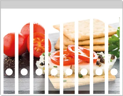 Produktbild von Wallario Ordnerrücken Sticker, selbstklebend für schmale Ordner, 8 Stück, Motiv Frisches Knäckebrot mit Tomaten und Käse