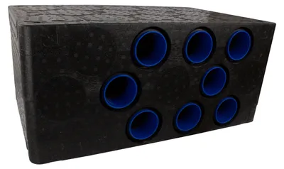 A black rectangular distribution box with multiple blue circular openings on its side.