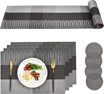 Produktbild von PVC-Tafelunterlagen - Set von 4 Tafelunterlagen, 4 Fußplatten und 1 Tischabdeckung - Schwarz-graue Tafelunterlagen für Küche und Restaurant
