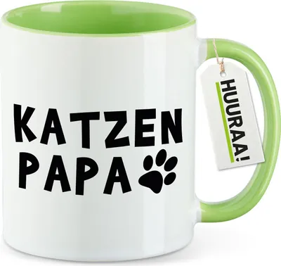 Produktbild von Huuraa Kaffeetasse Katzenpapa Tapse 330ml Grün Keramik Kaffeebecher Geschenkidee