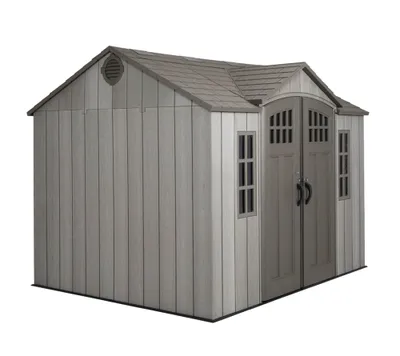 A plastic shed with a pitched roof and double doors, shown against a white background.