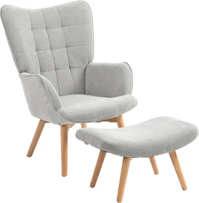 Produktbild von HOMCOM Ohrensessel mit Hocker, Relaxsessel, Polstersessel in Cord-Optik, Loungesessel, Armlehnstuhl mit Holzbeine, Fernsehsessel für Wohnzimmer, Grau
