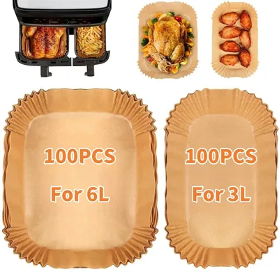 Image de 200 feuilles de papier de cuisson pour friteuse à air chaud. Accessoires pour friteuse à air chaud, compatibles avec les friteuses Philips Dual Basket des séries 3000 (6 l/3 l) et 5000 (6 l/3 l), ainsi qu'avec les bacs à papier doubles Philips NA350/00 et NA550/00.