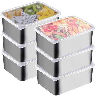 Produktbild von Wurstbehälter, 6 Stück - Edelstahlbehälter mit Deckel - Gefrierbehälter - Stapelbare Boxen - Behälter für die Vorbereitung von Mahlzeiten - 13,8 x 5,7 x 10,8 cm - Lebensmittelaufbewahrung