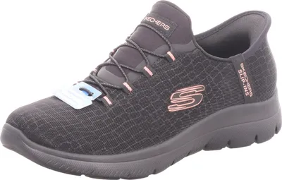 A single black Skechers shoe with pink accents is shown against a white background.