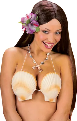 A woman wearing a seashell bra and a flower in her hair.