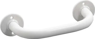 A white grab bar for a bathtub against a white background.