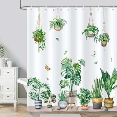 Produktbild von Duschvorhang mit Pflanzenmotiv, schimmelresistent, wasserdicht, waschbar, für Badezimmer, 180 x 180 cm mit 12 Badewannenhaken